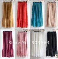 Lady chiffon pleated long skirt maxi womens 2012, elastane waist skirt S6606