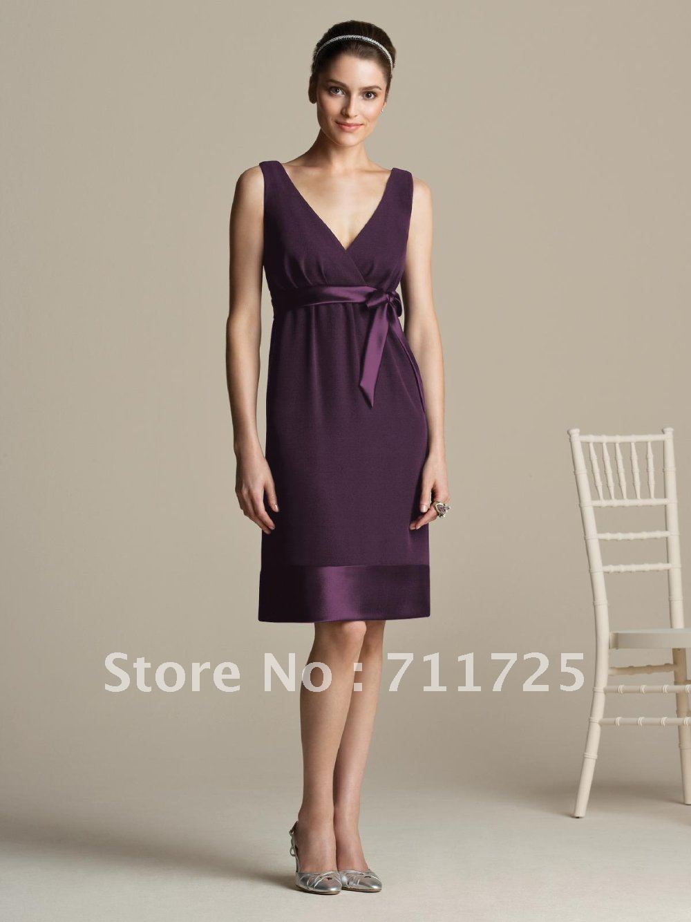 High Qulity Straight V Neck Tank Camisole Bow Empire Waist Purple Chiffon And Satin Party Evening