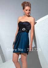 Wholesale Discount Pleat Bow Beading Zipper Strapless Black Satin And Royal Blue Elastic Satin Mini Short Quinceanera Dresses