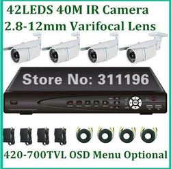 Outdoor CCTV 4CH Full D1 Resolution home DVR Cameras Kit 40m IR Waterprof Camera 2.8-12mm manual zoom lens 420-700TVL Optional(China (Mainland))
