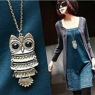 Korean jewelry retro Owl Necklace long paragraph sweater chain Free Shipping 1183