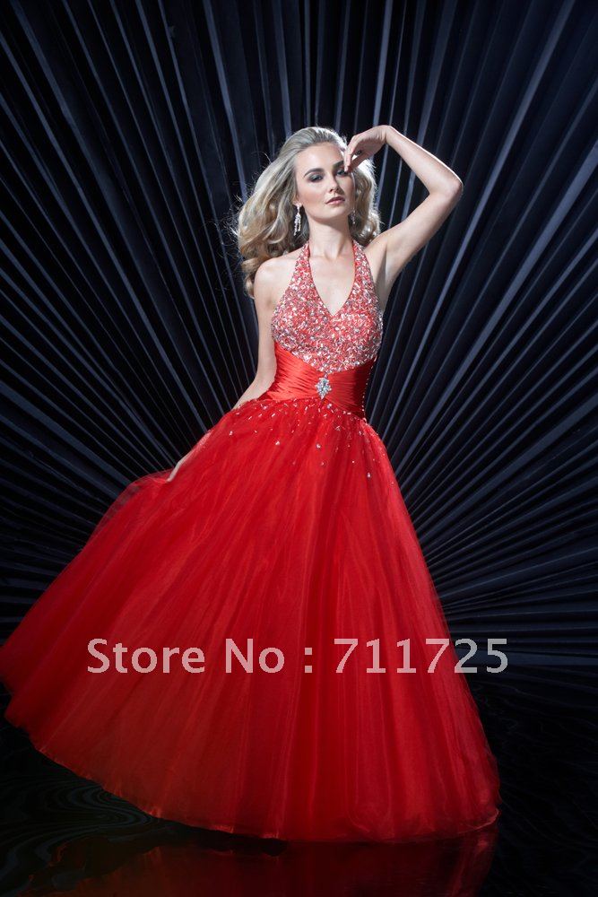 Sexy Wholesale Classic Lovely Halter Beaded Bodice Pleated A Line Ball Gown Red Satin Organza Floor