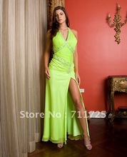 Sexy Elegant Halter V-Neck Pleated Beaded Empire Waist High Slit Split Ankle-Length Satin Chiffon Backless Quinceanera Dresses