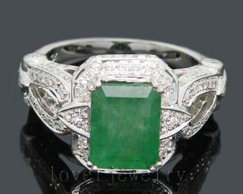 Vintage 3.47Ct Solid 14Kt White Gold Natural Diamond Emerald Wedding Setting Ring Jewelry Sets(China (Mainland))