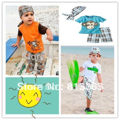 free shipping 3 design 5sets/lot boy beach suits hat+tops+pant baby's suits boy's suits wholesales(China (Mainland))