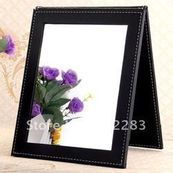 Free Shipping Black Folding Leather Table Traveling Makeup Mirror(China (Mainland))