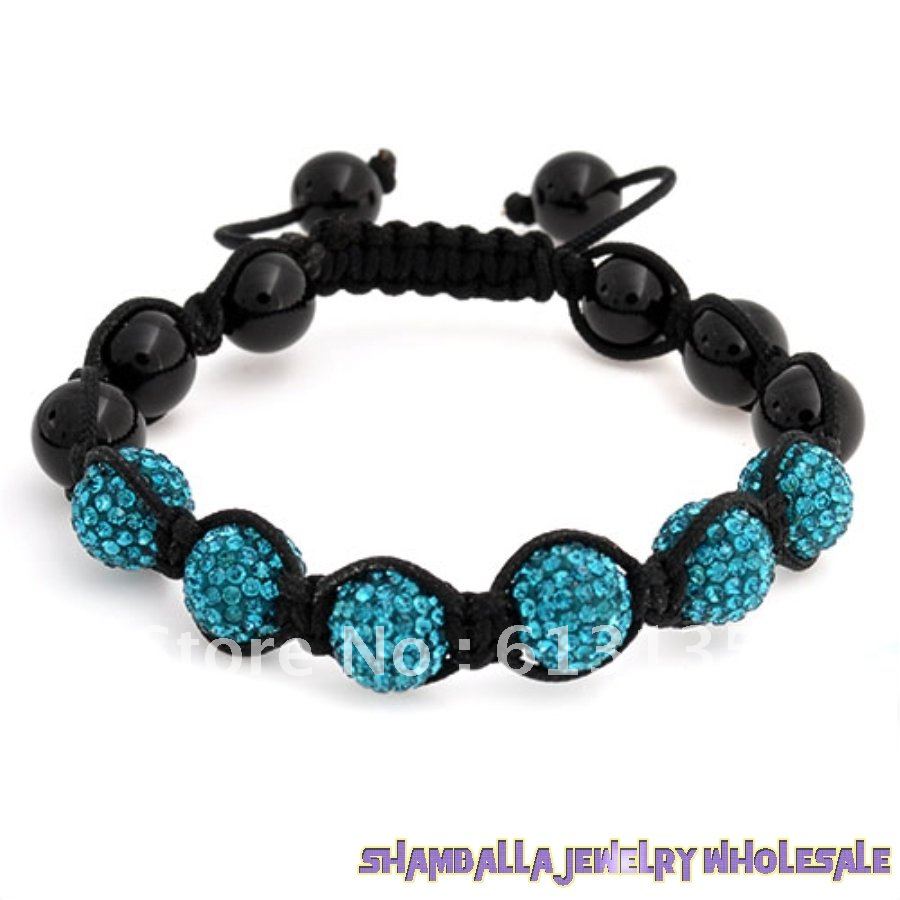 Turquoise Blue Shinny Crystal Disco Ball Black Onyx Bead Shamballa Bracelet 10mm Hiphop Beaded Jewelry 12x 89004 Free Shipping(China (Mainland))