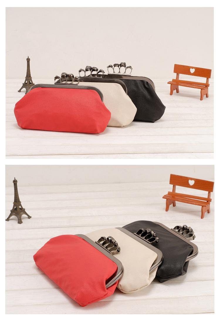 Venta al por mayor de cuero libre Q388 del bolso del monedero del embrague del bolso del anillo del embrague de se&ntilde;ora Skulls Knuckle Black Duster de las mujeres del env&iacute;o/de la PU del bolso de tarde