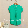 White Cute Women Imitated  Silk Fabric Stand Collar Puff Short Sleeve T Shirt Blouse   HR328W