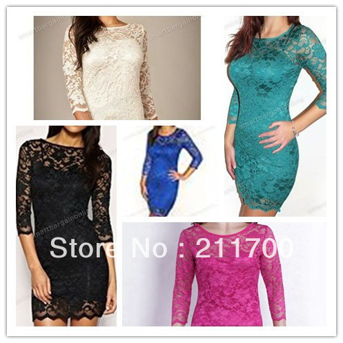 Long Sleeve Black Dress on New Women S Fashion Lace Dress Slim Flower Boat Neck 3 4 Sleeve Dress