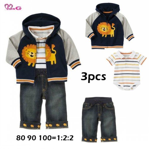 DHL/EMS Free shipping baby boys Toddlers gentlemen 3PC Fall Winter Suit Lion Holiday suit Hood Jacket + T shirt + Jeans(China (Mainland))