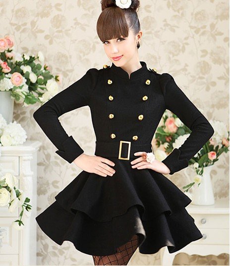 High quality Stand-up Collar Slim Fit Epaulette Peacoat Skirt Style Black Women's Coats Ladies Wear(China (Mainland))