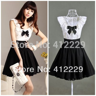 Black  White Lace Dress on White Embroidery Trun Down Collar Sleeveless Ladies Lace Princess