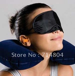 3 In1 Travel Set Inflatable Neck Air Cushion Pillow + Eye Mask + 2 Ear Plug Amenity Kit Comfortable Business Trip Free Shipping(China (Mainland))