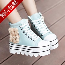 Lacing preppystyle women’s shoes PU platform casual round toe high-top shoes bear all-match single shoes