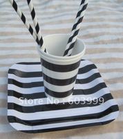 Retro Vintage Birthday Party Supplies STRIPEY STRIPED PARTY TABLEWARE Black Candy Stripe Square Party Paper Plates cups Straws