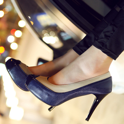 2012 spring and summer sexy color block decoration serpentine pattern shallow mouth small pointed toe high