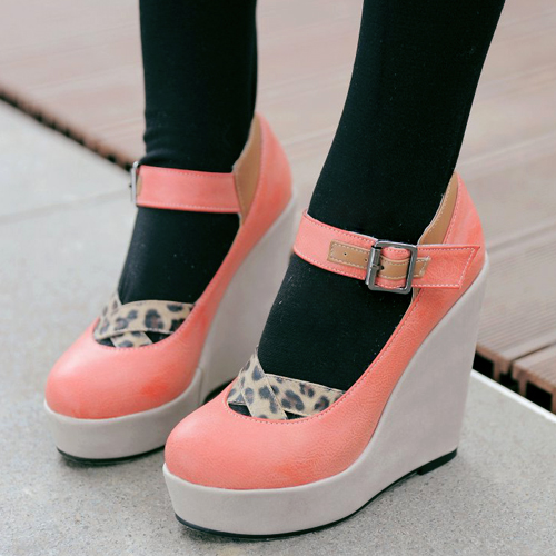 2012 spring and summer sweet gentlewomen leopard print shallow mouth strap platform wedges high heeled shoes