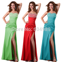 Free Shipping GK Women Sexy Fashion Green,Blue, Red Party Long Stunning Strapless Slit Prom Evening Dress 8 Size CL2588