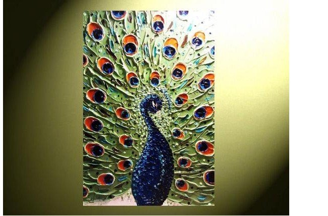 Shippig livre!! Pintura a óleo Textured decorada moderna do pavão da arte