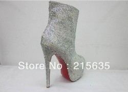 hot sale GENUINE LEATHER! 4 Inch Super High Heel Platforms Crystal Boots High Grade Diamond-Studded Heels Boots(China (Mainland))