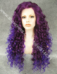 DHL Free 26" Extra Long Curly Lace Front Beauty Purple/Blue T Color Wig High Quality Fashion Lady Costume T-Color Wig S18(China (Mainland))