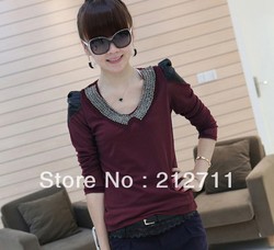 trend pearl peter pan collar lace basic shirt long-sleeve T-shirt female Free delivery(China (Mainland))