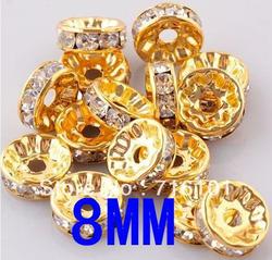 500PCS 8MM Color Gold+Clear Rondelle Pave Rhinestone crystal Spacer beads for DIY Basketball wives Jewelry!(China (Mainland))
