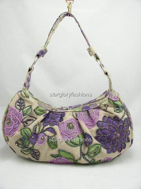 Fashion Linen Beaded Green Florals Shoulder Bag Hobo 7 Clors