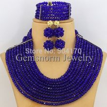 Free Shipping Blue African Wedding Jewelry Set African Fabric Dress Costume Nigerian Crystal Beads Jewelry Set