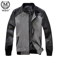 Mojay men's clothing woolen PU patchwork jacket male slim outerwear