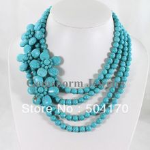 Free Shipping 17 22 Lrngth 4 Rows Knitted Turquoise Necklace With Turquoise Flower Pendants Jewelry