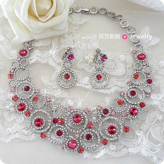 Tawers exquisite bridal pink and white rhinestone necklace earrings set marriage accessories married necklace