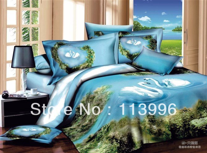 nice swan lake blue print bedding set queen bed linen duvet doona ...