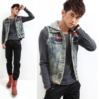 New Arrival 2013 Spring/Autumn Men's Sleeveless Hooded Coat Outwear Fashion Denim Jean Jacket Vest Men