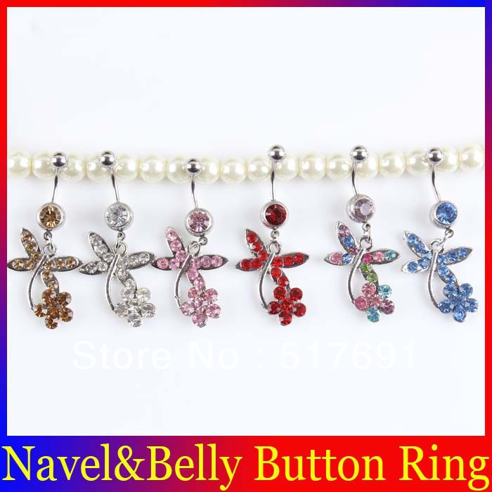 Dangle Rhinestone Animal Dragonfly Jewelry Belly Button Rings Navel Rings Body Piercing Jewelry 24pcs/Lot Free Shipping ,BJ205(China (Mainland))