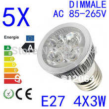 5X High power CREE E27 4x3W 12W 85-265V Dimmable Light lamp Bulb LED Downlight Led Bulb Warm/Pure/Cool White free shipping(China (Mainland))