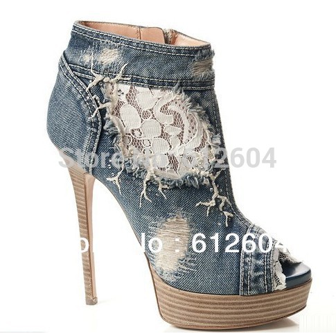 Spring denim lace pathwork shoes fashion jeans short summer high heel ...