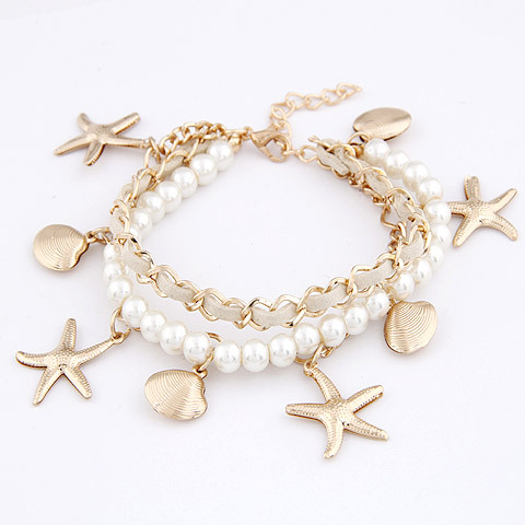 Korean Gold Plate Seashell Star Pearl Strand White Leather Bracelet ...