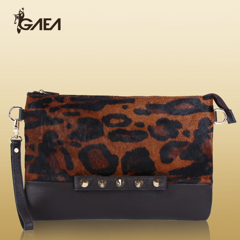 Rivet leopard print day clutch genuine leather clutch horsehair clutch bag fashion vintage envelope bag 2012
