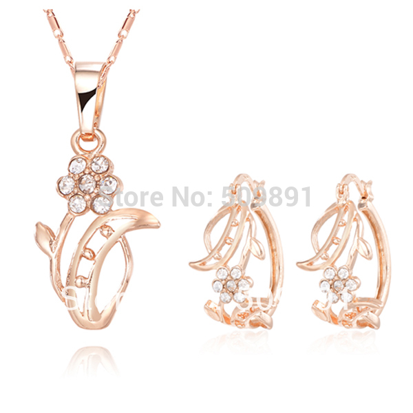 ... Gold-Plated-White-Crystal-Flower-Tree-Pendant-Necklace-Earring-Jewelry
