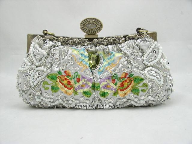 FREE SHIPPING Silver Beaded Cross Embroidered Evening Clutch Jeweled Frame