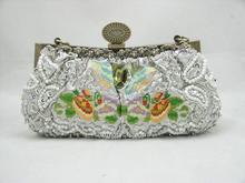 FREE SHIPPING Silver Beaded Cross Embroidered Evening Clutch Jeweled Frame