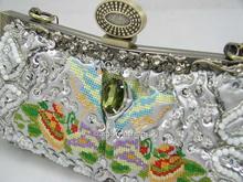 FREE SHIPPING Silver Beaded Cross Embroidered Evening Clutch Jeweled Frame