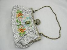 FREE SHIPPING Silver Beaded Cross Embroidered Evening Clutch Jeweled Frame