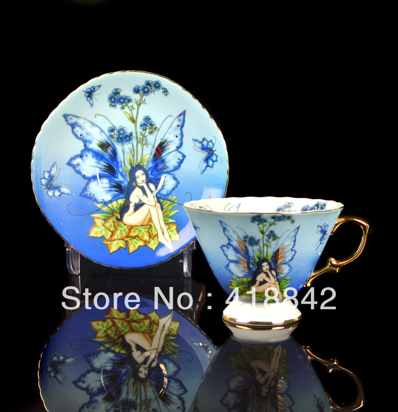 Handpainted Quiet Blue Butterfly Girl Porcelain Coffee Set 1 Cup 1 Saucer Weddings Gift Holiday Gift