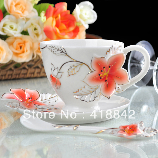 Gilted Five Stars apple Flower Coffee Set Cup Saucer Spoon Plate Disk Dish