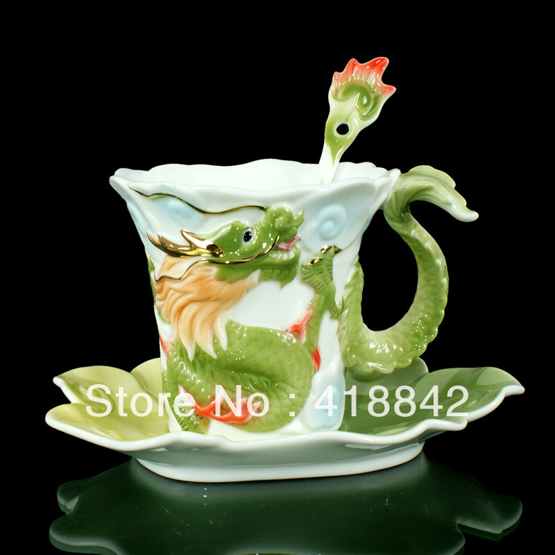 Unique Sculptured Surface Raised Green Color Dragon Porcelain Coffee Set 1Cup 1Saucer 1Spoon Tea