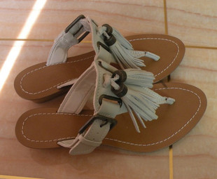 Fashion vintage tassel beige full genuine leather cowhide vintage summer small wedges sandals flip flops