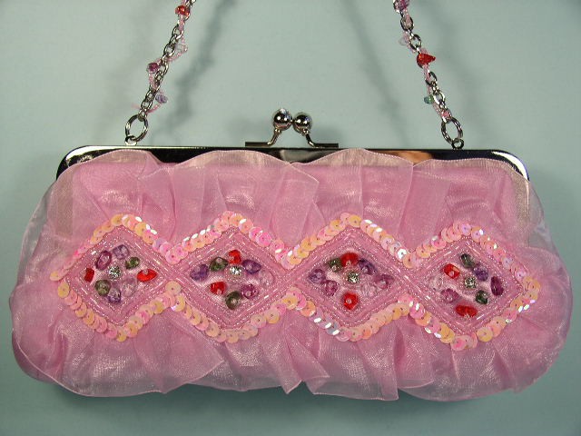 FREE S H Attractive Pink Beaded Embellished Lace Evening Purse 0890